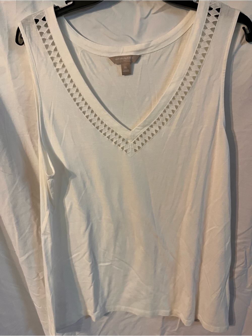 Banana Republic White V-Neck Tank with Geometric Cutout Trim